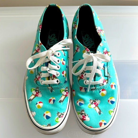 Vans Off The Wall Teal Cat & Beach Ball Canvas Sneakers Women’s 8 GUC Low Top - Picture 2 of 4
